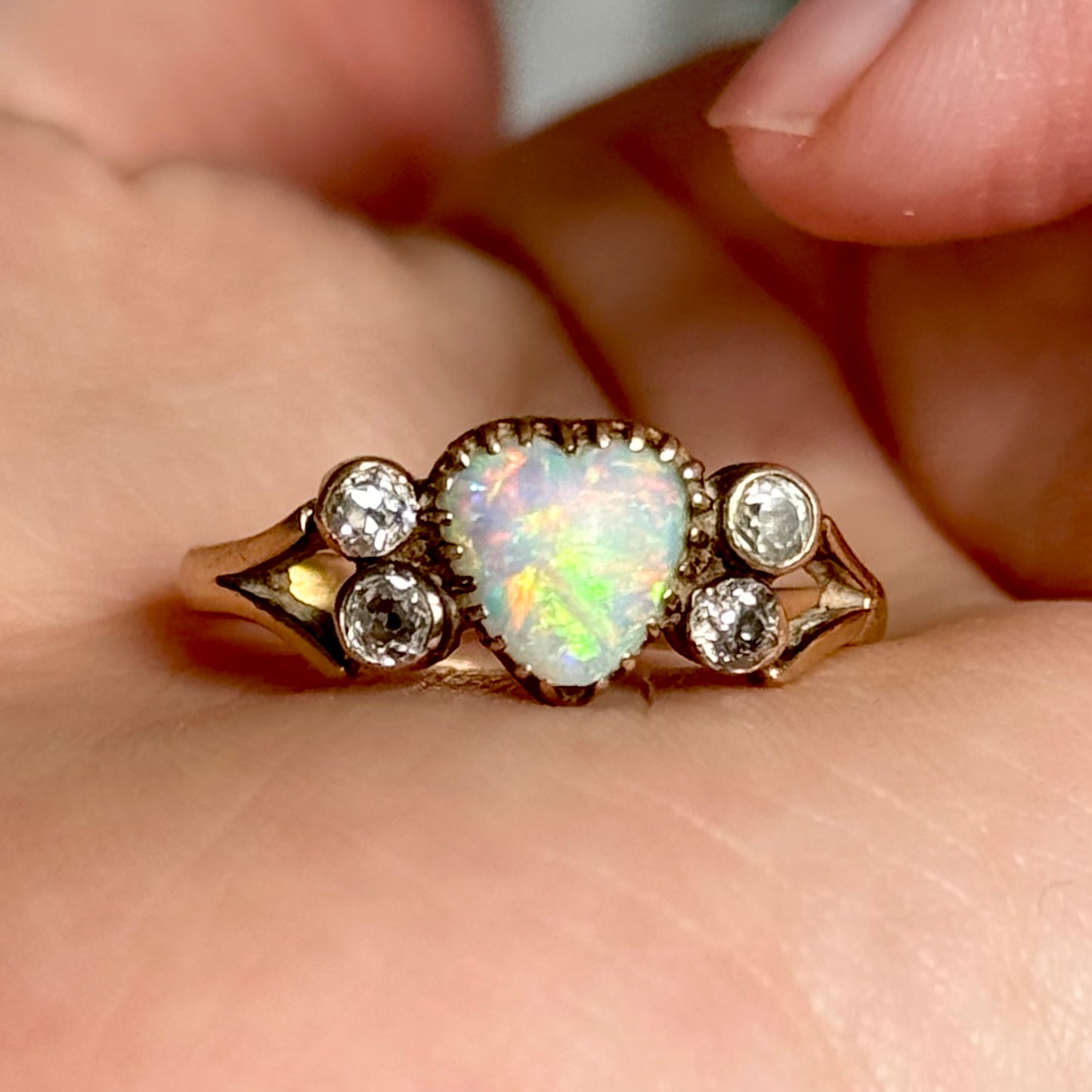 Antique Victorian Heart Opal Diamond Ring in 18 Carat Gold