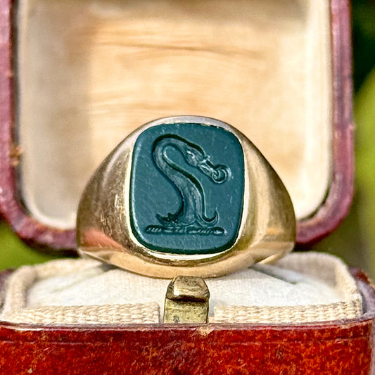 Vintage Swan & Ring Signet Ring in 9 Carat Gold, Circa 1971