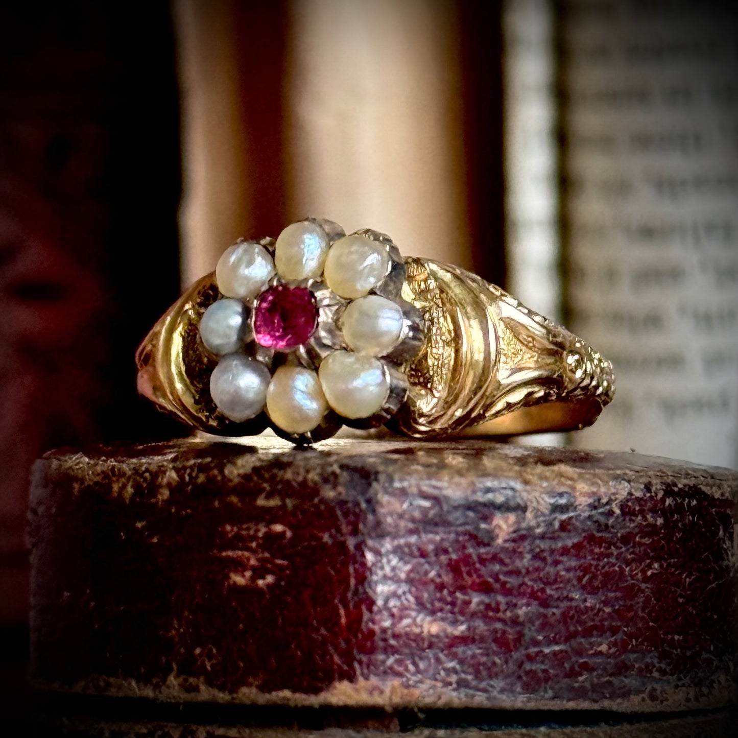Victorian Rhodolite Garnet & Pearl Sentimental Ring in 18 Carat Gold; Circa 1880