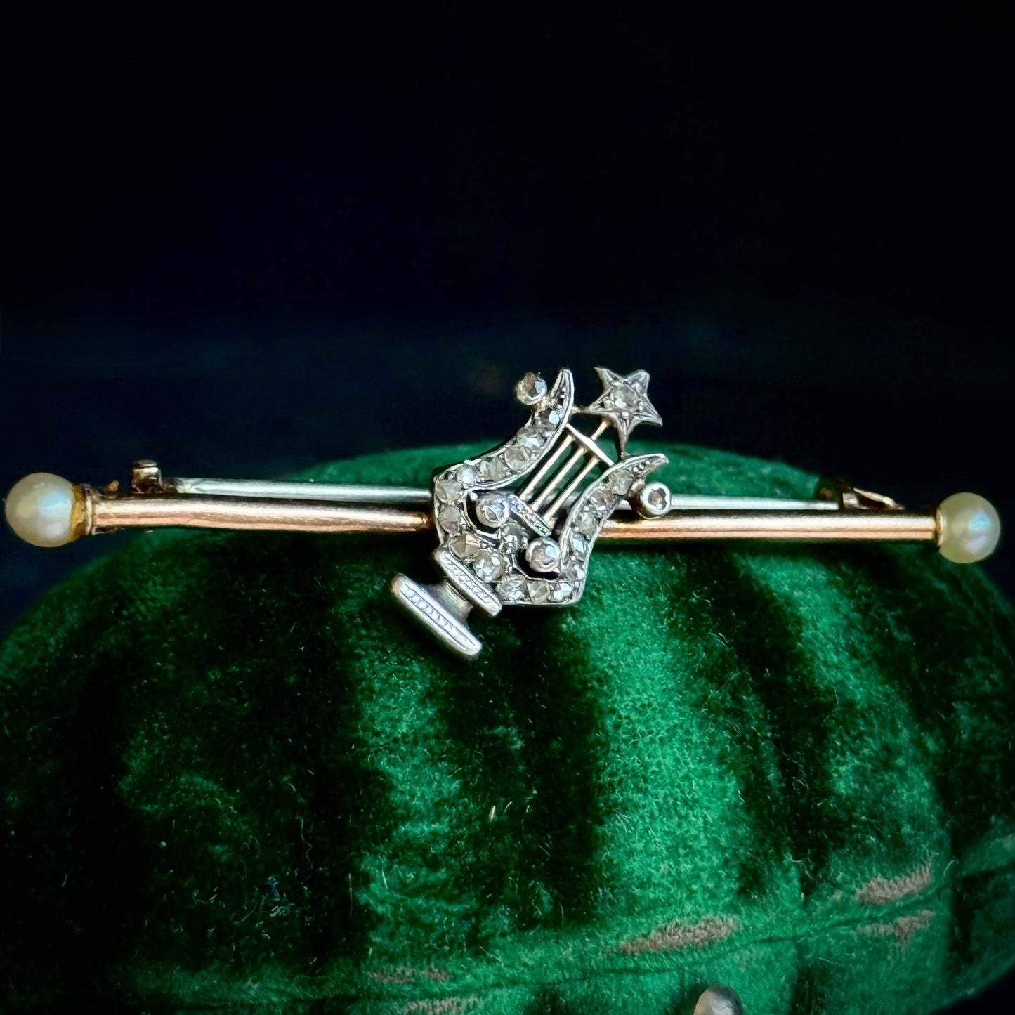 Antique Victorian Diamond & Pearl Lyre Brooch