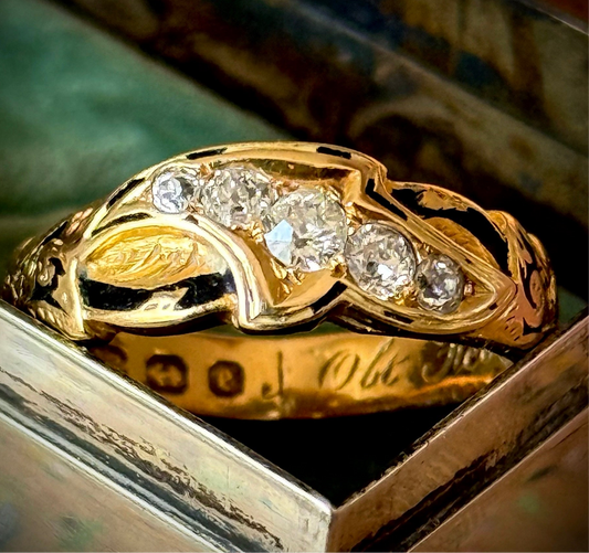 Antique Diamond & Enamel Mourning Ring in 18 Carat Gold; Circa 1879