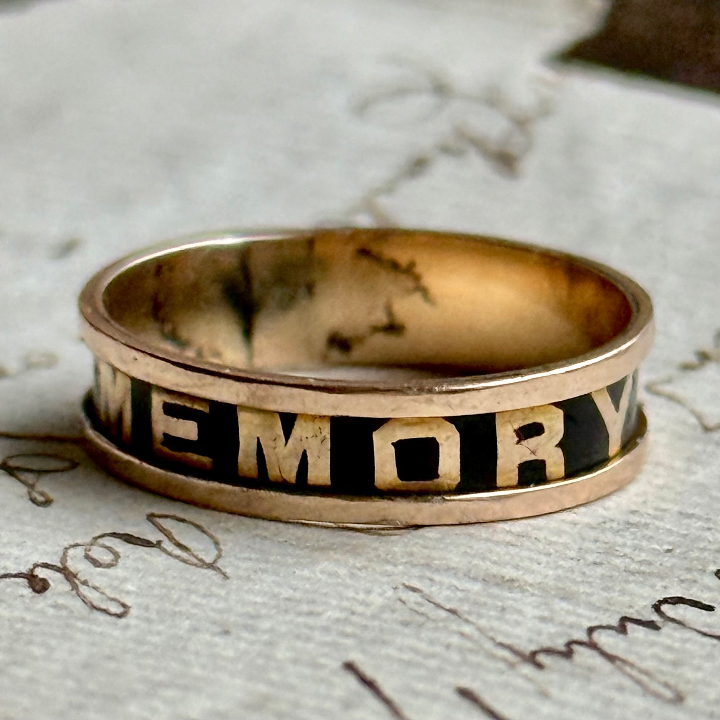 Antique Victorian Enamel Mourning Ring in 9 Carat Gold; Circa 1873