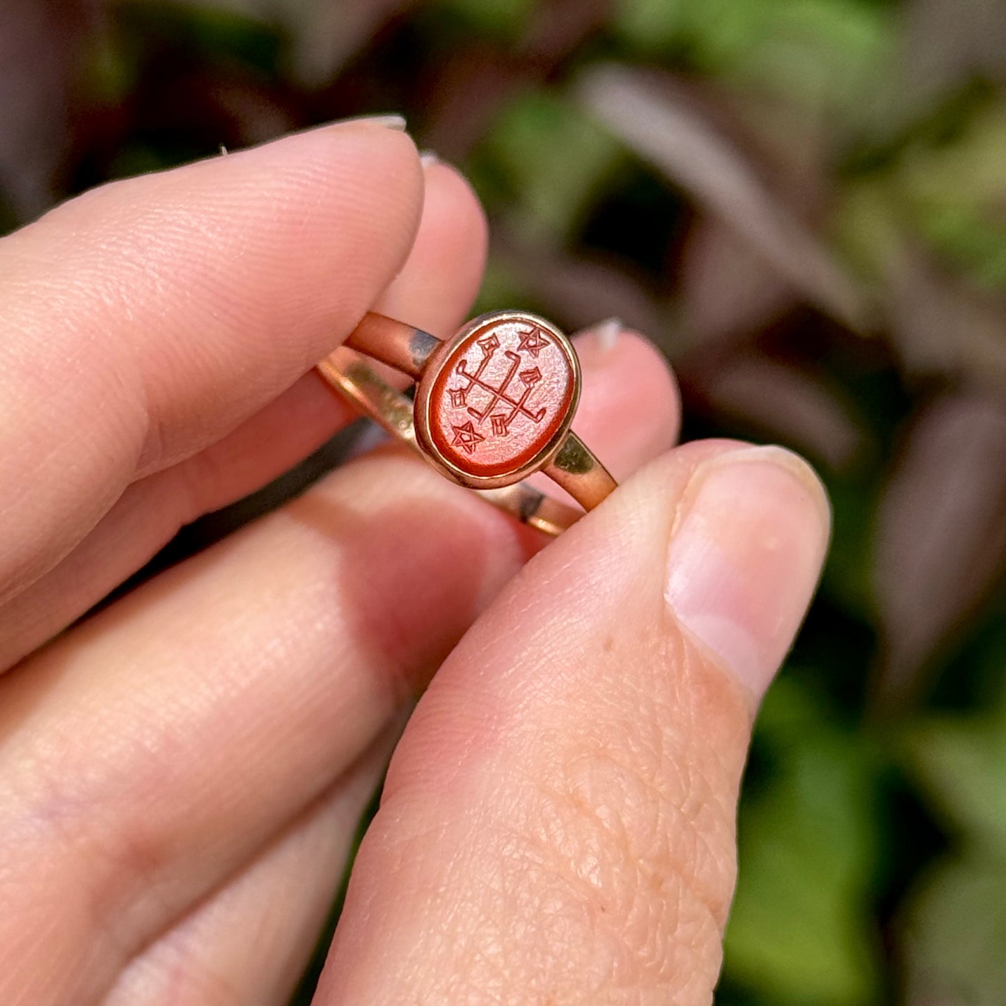 Edwardian Baha’i Ring Stone Ring in 9 Carat Rose Gold; Circa 1900