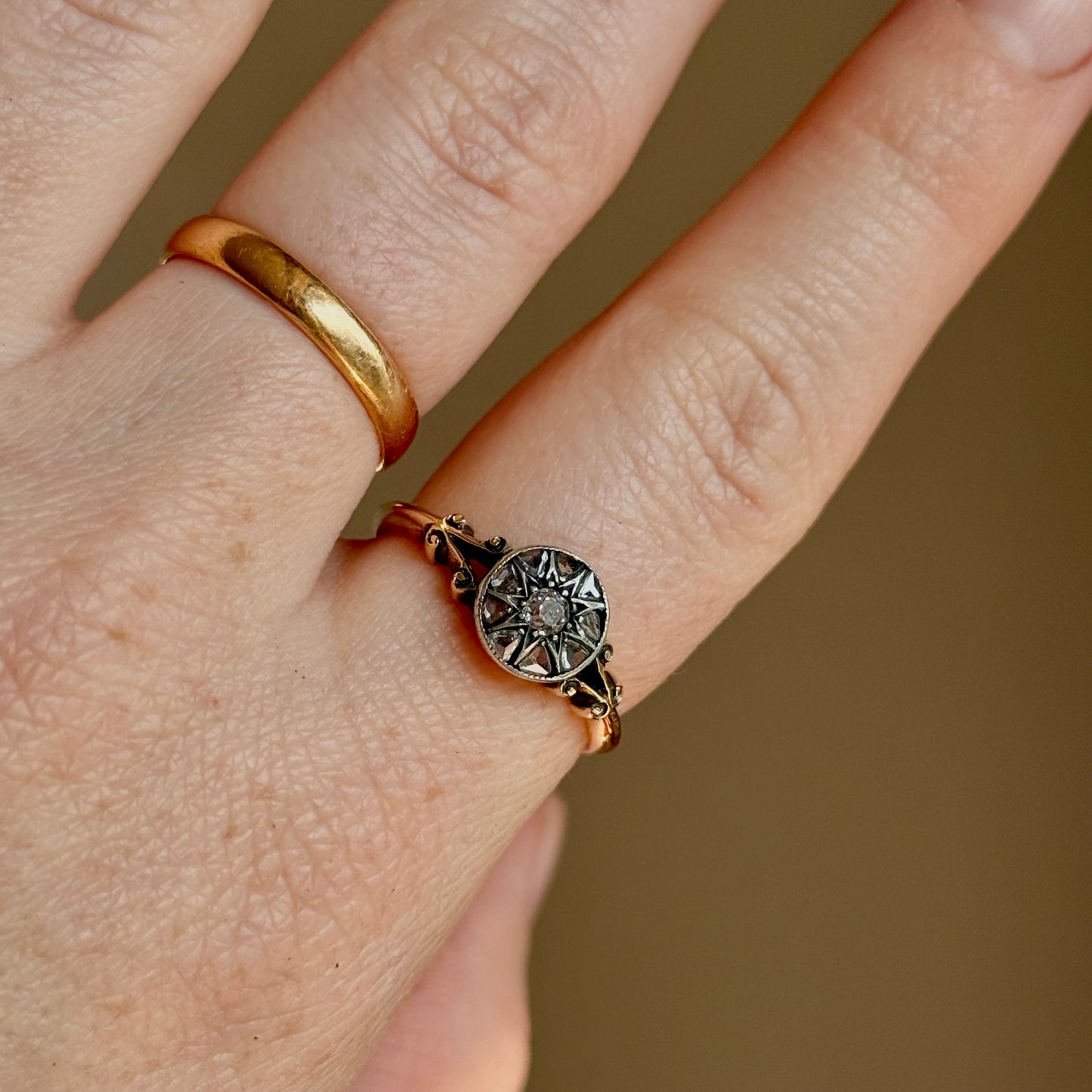 Antique Rose Cut Diamond Cluster Ring in 18 Carat Gold; Circa 1880