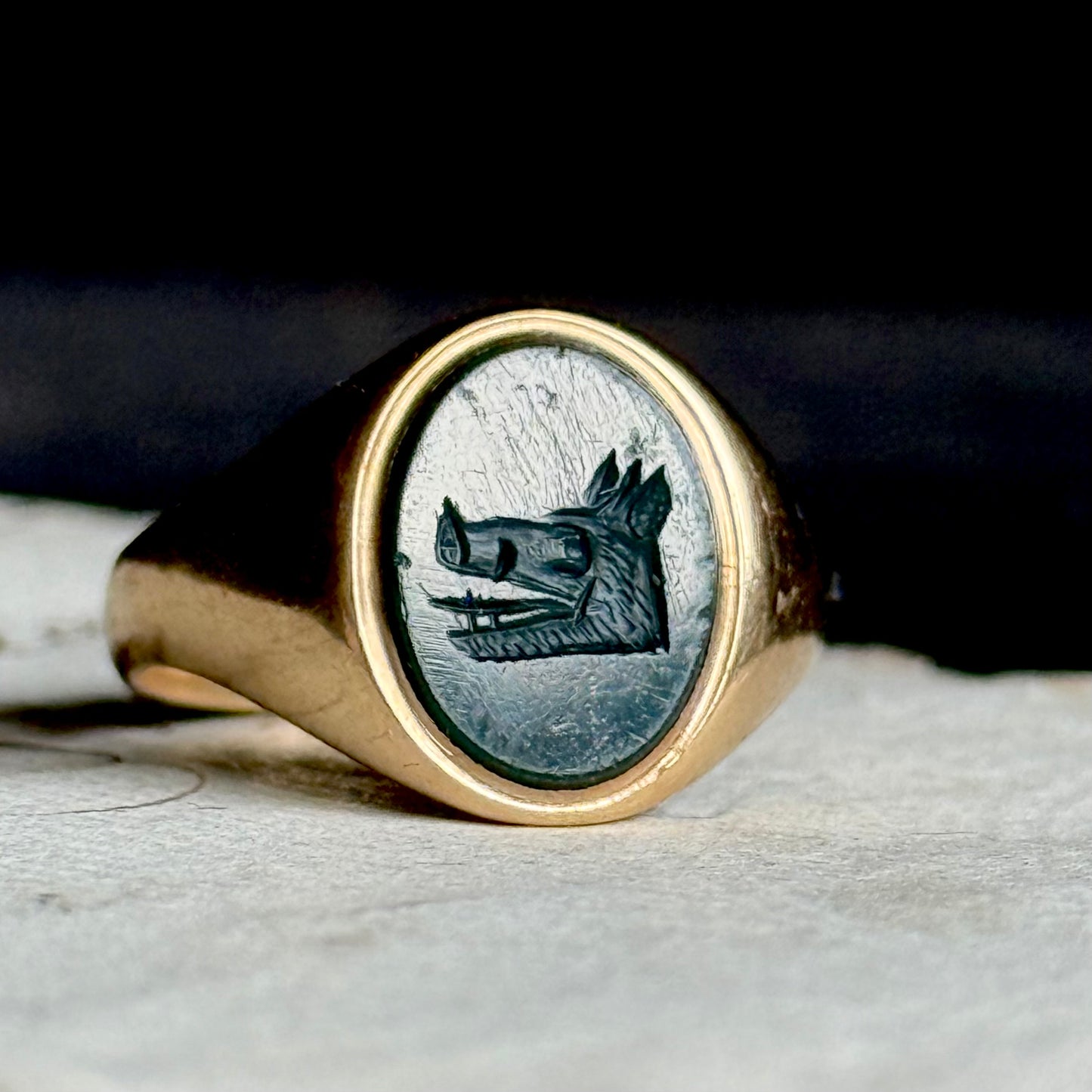 Bloodstone Boars Head Signet Ring in 9 Carat Gold, Circa 1936