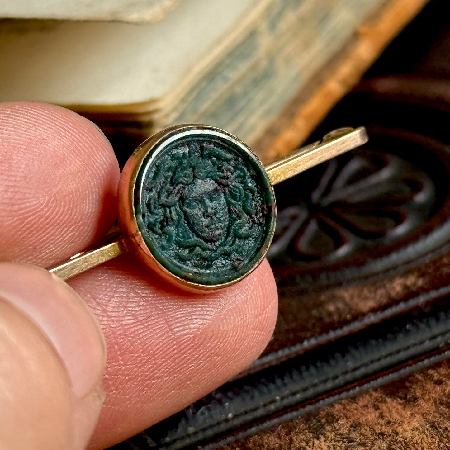 Bloodstone Medusa Bloodstone Bar Brooch in 9 Carat Gold