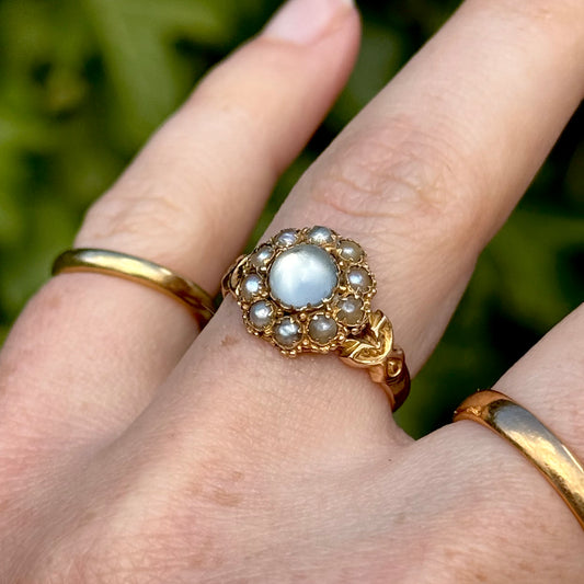 Antique Moonstone & Pearl Ring in 15 Carat Gold