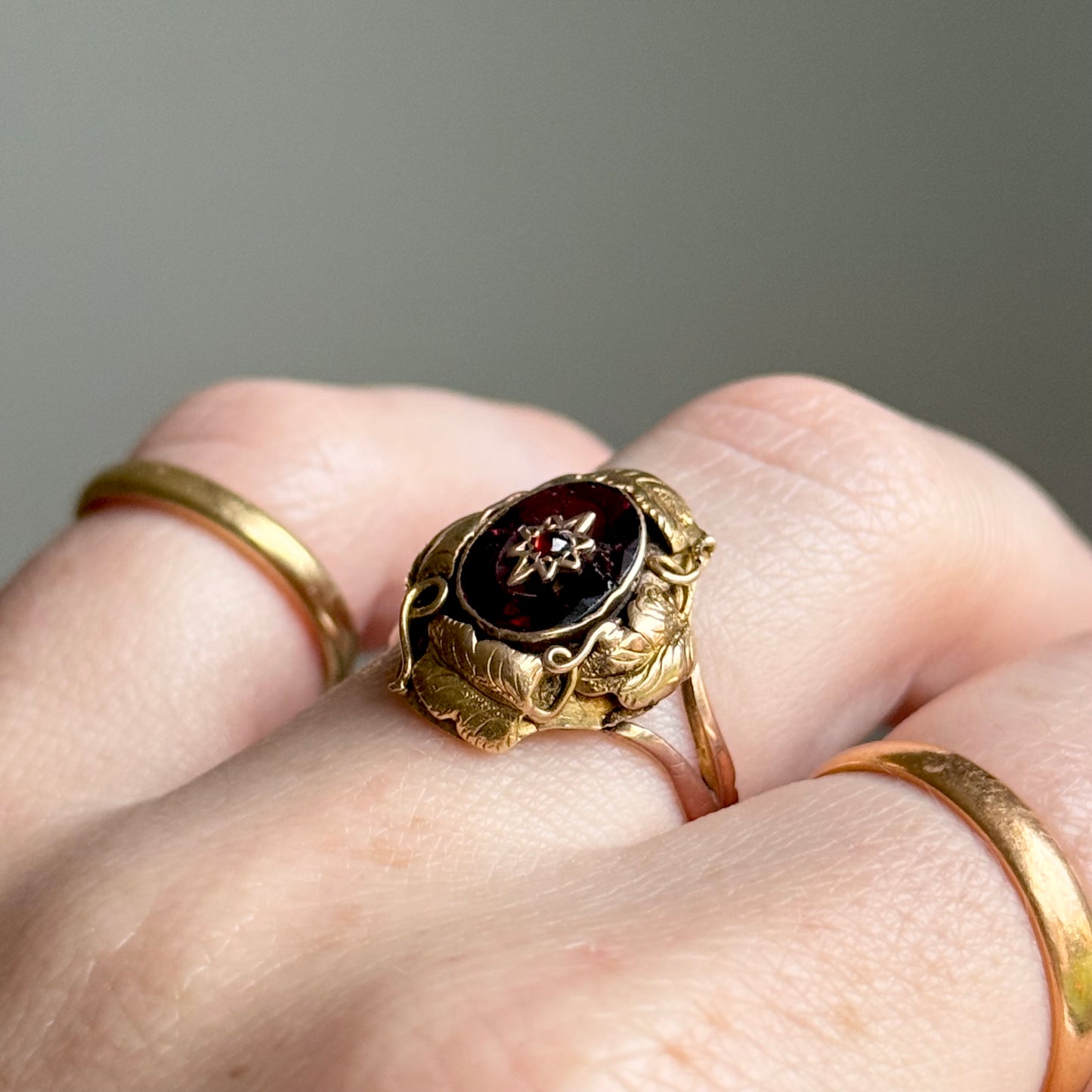 Antique Victorian Floral Garnet Ring in 9 Carat Gold; Circa 1880