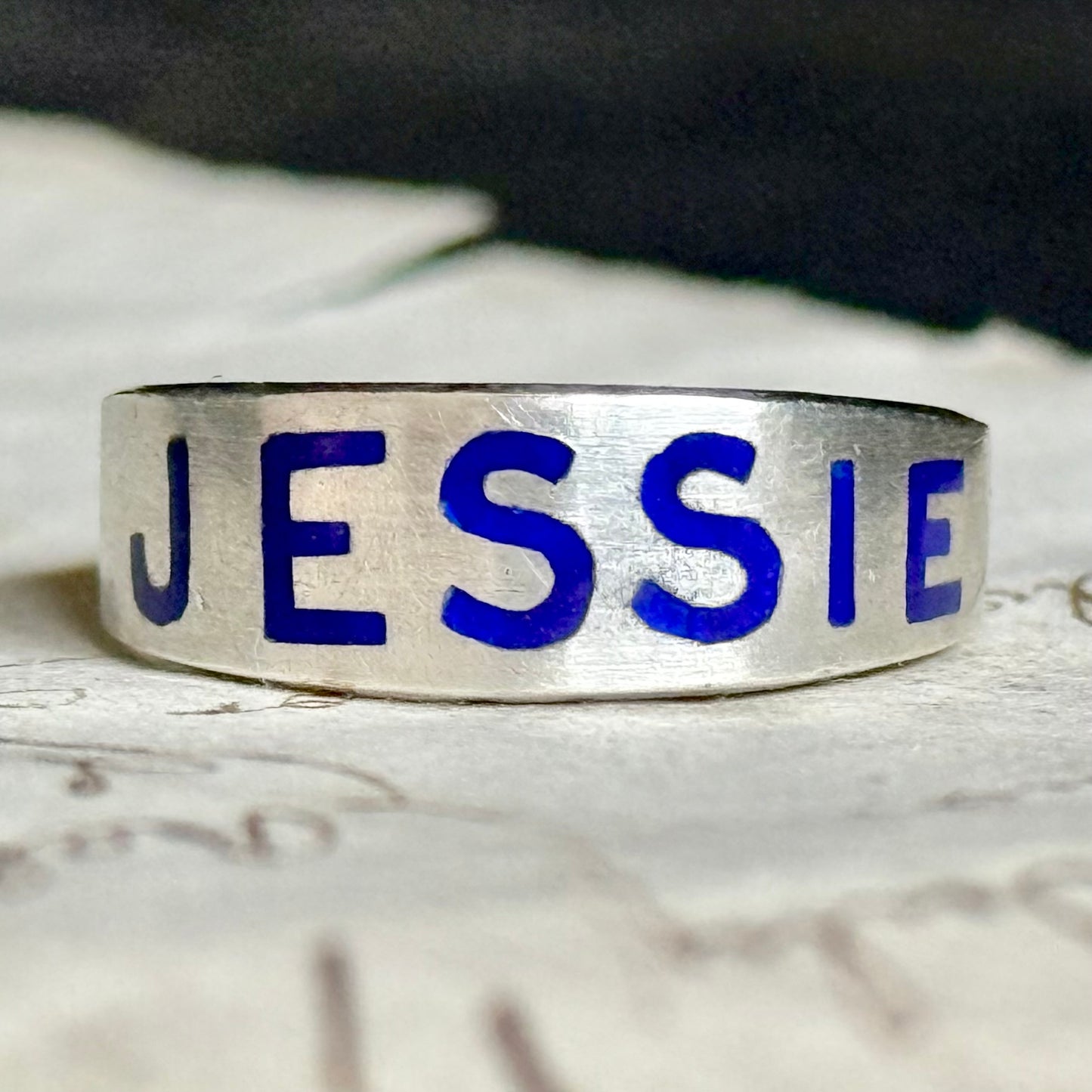 Victorian 'Jessie' Enamel Ring In Silver; Circa 1879