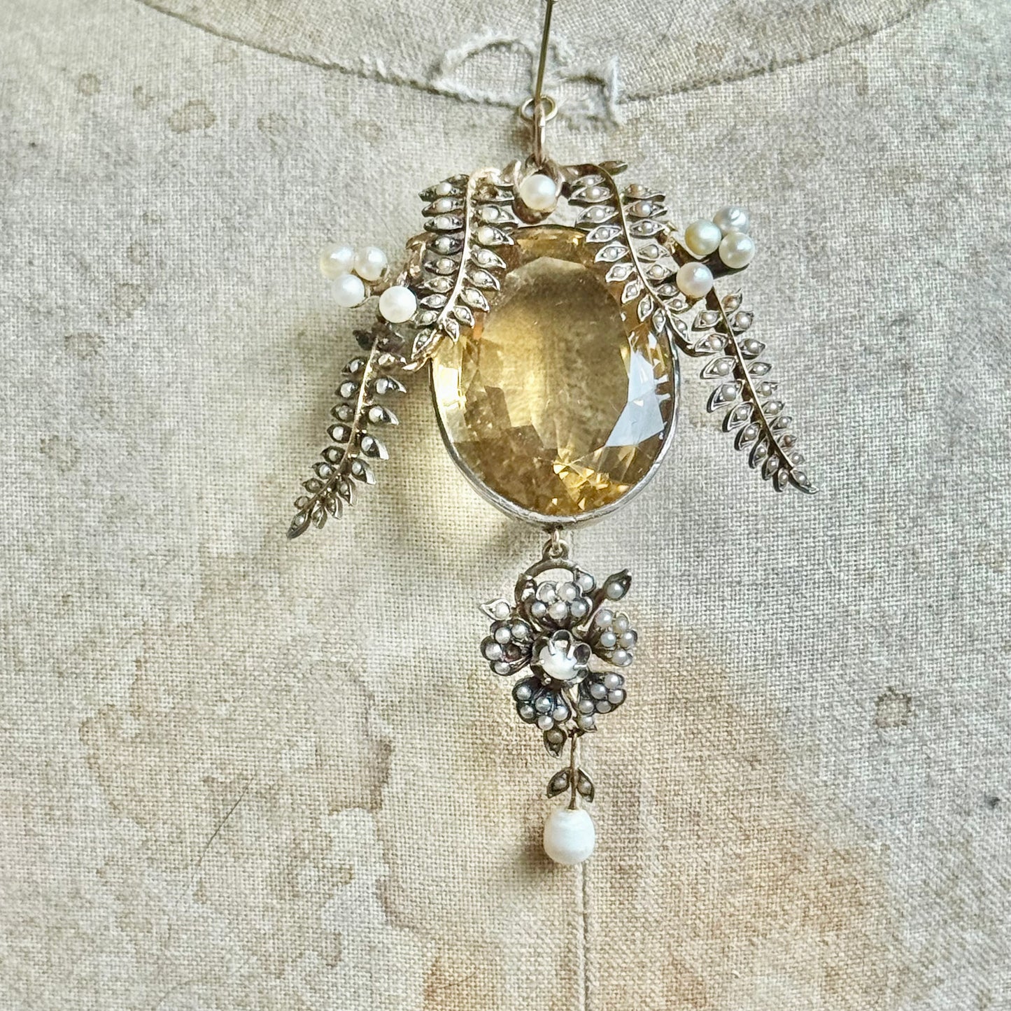 Antique Citrine & Pearl Pendant in Silver & Gold