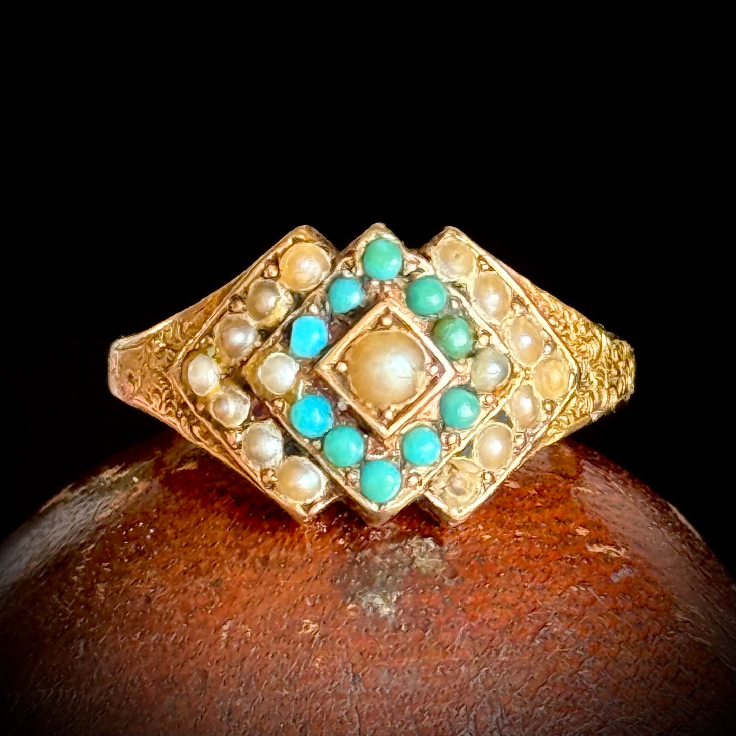 Antique Victorian Peal & Turquoise Ring in 15 Carat Gold; Circa 1870