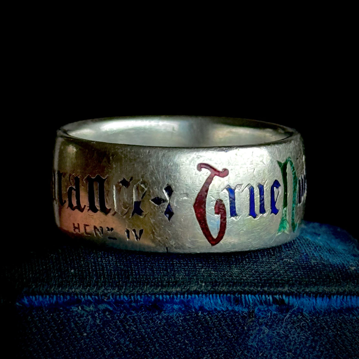 Victorian Enamel Quote Ring in Sterling Silver; Circa 1876