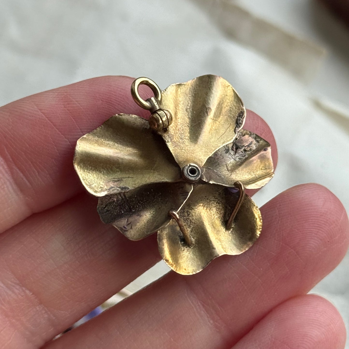 Victorian Enamel Pansy Diamond Pendant in 14 Carat Gold; Circa 1900