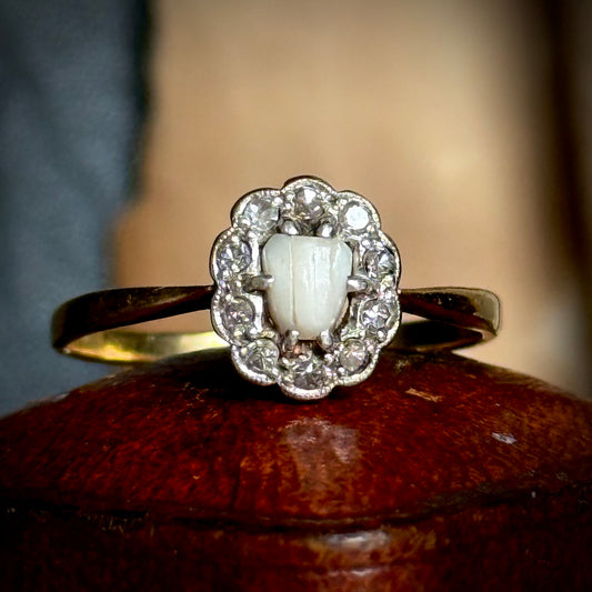 RARE Victorian Milk Tooth & Diamond Ring in 18 Carat Gold; Circa 1870