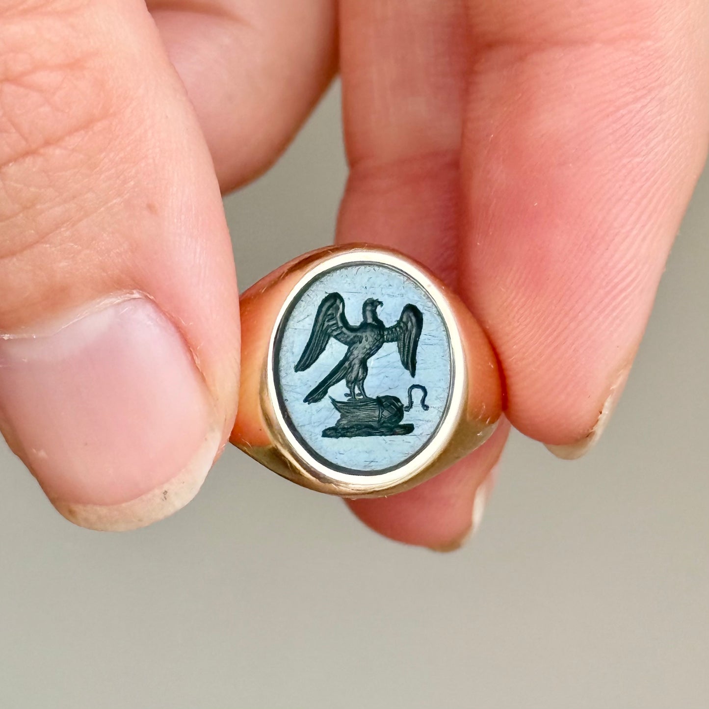 Vintage Bloodstone Intaglio Signet Ring in 9 Carat Gold; Circa 1982