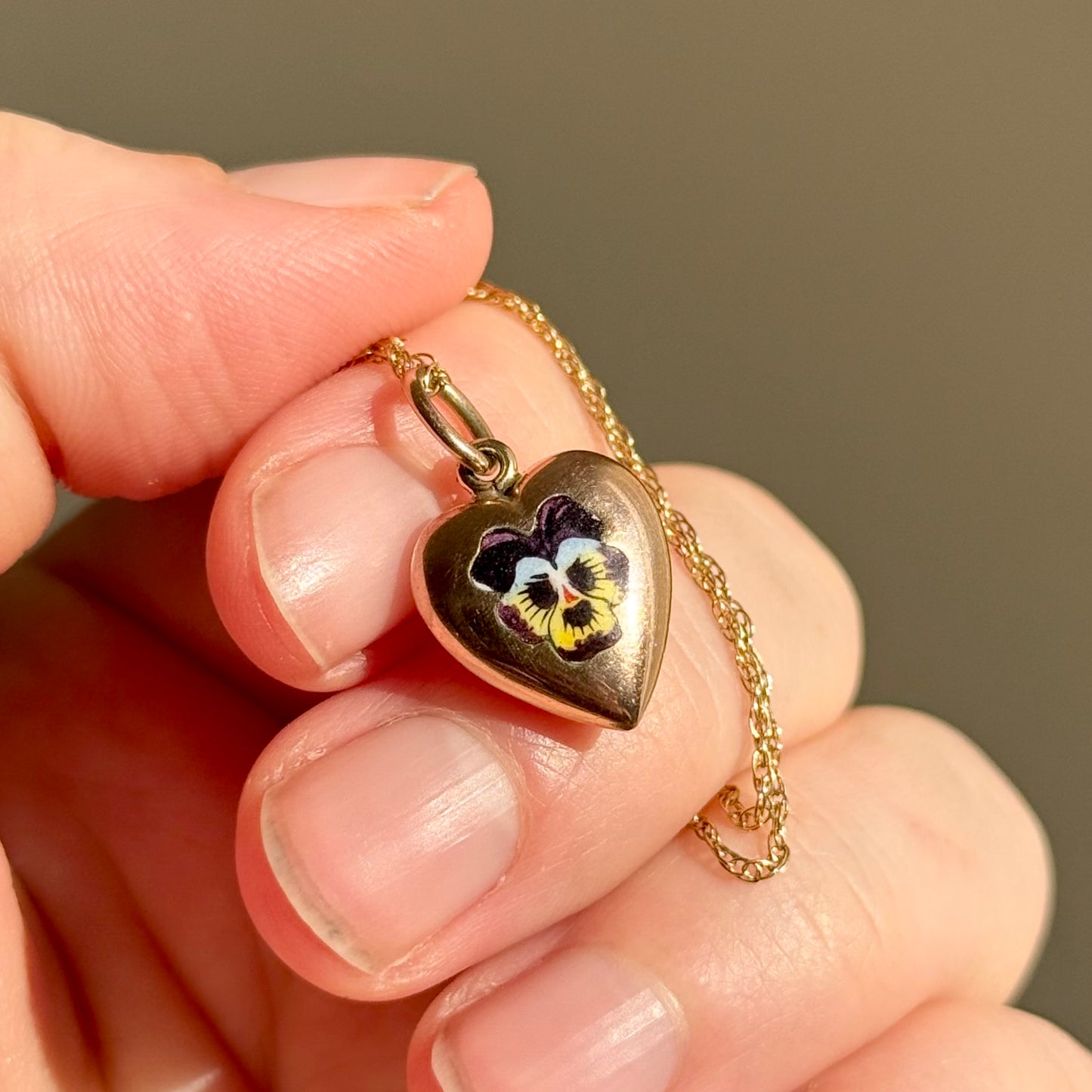 Exquisite Enamel Pansy Heart Pendant in 9 Carat Gold; Circa 1880