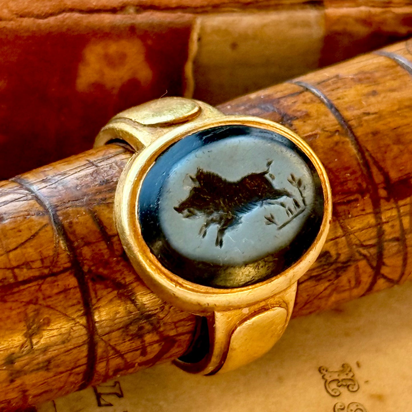 Antique Boar Agate Intaglio Signet Ring in 18 Carat Gold