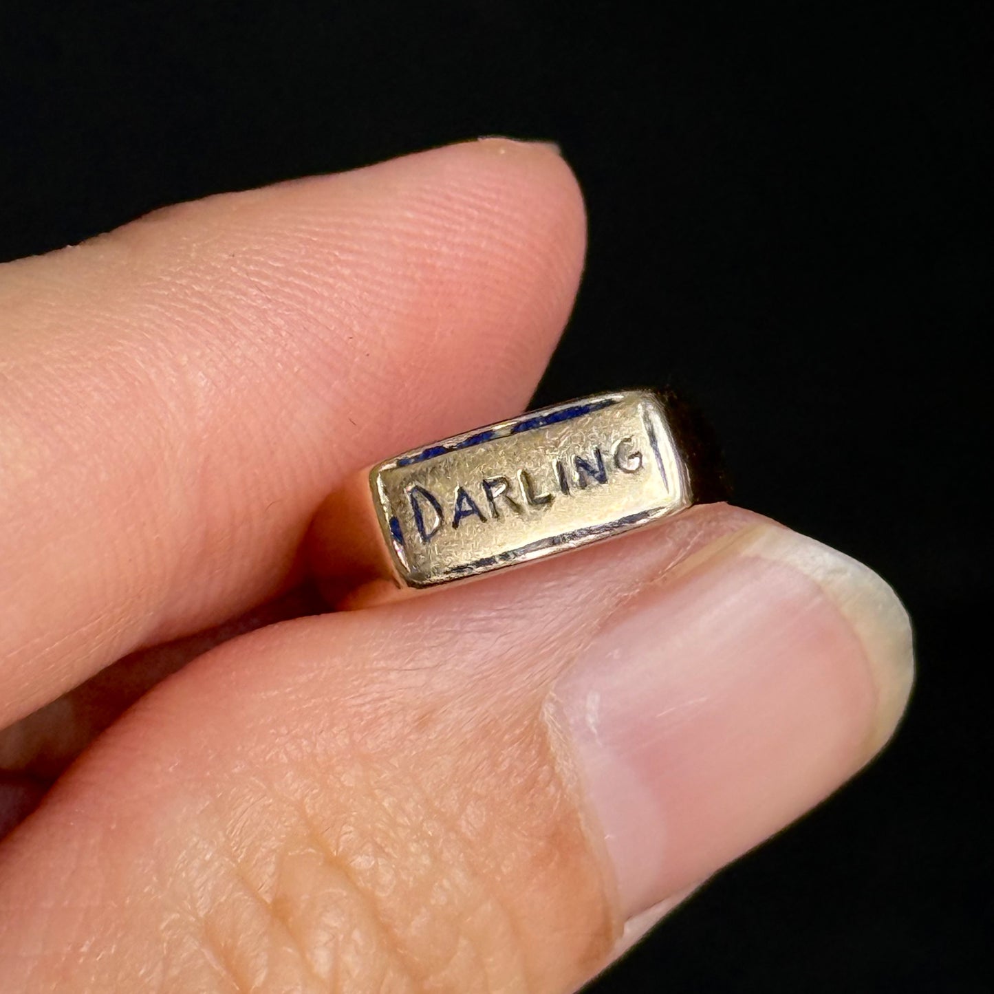 Antique Enamel 'Darling' Baby Ring in 14 Carat Gold