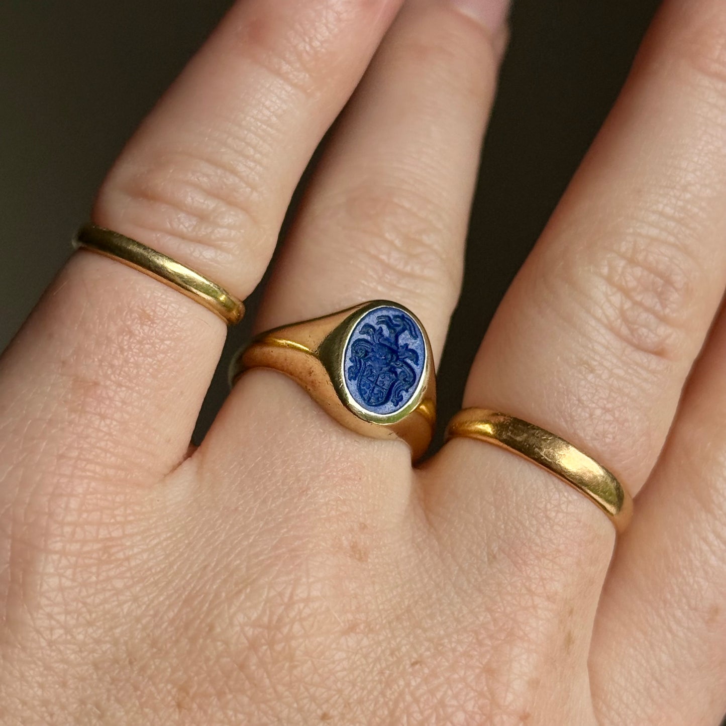 Vintage Lapis Lazuli Intaglio Signet Ring in 14 Carat Gold