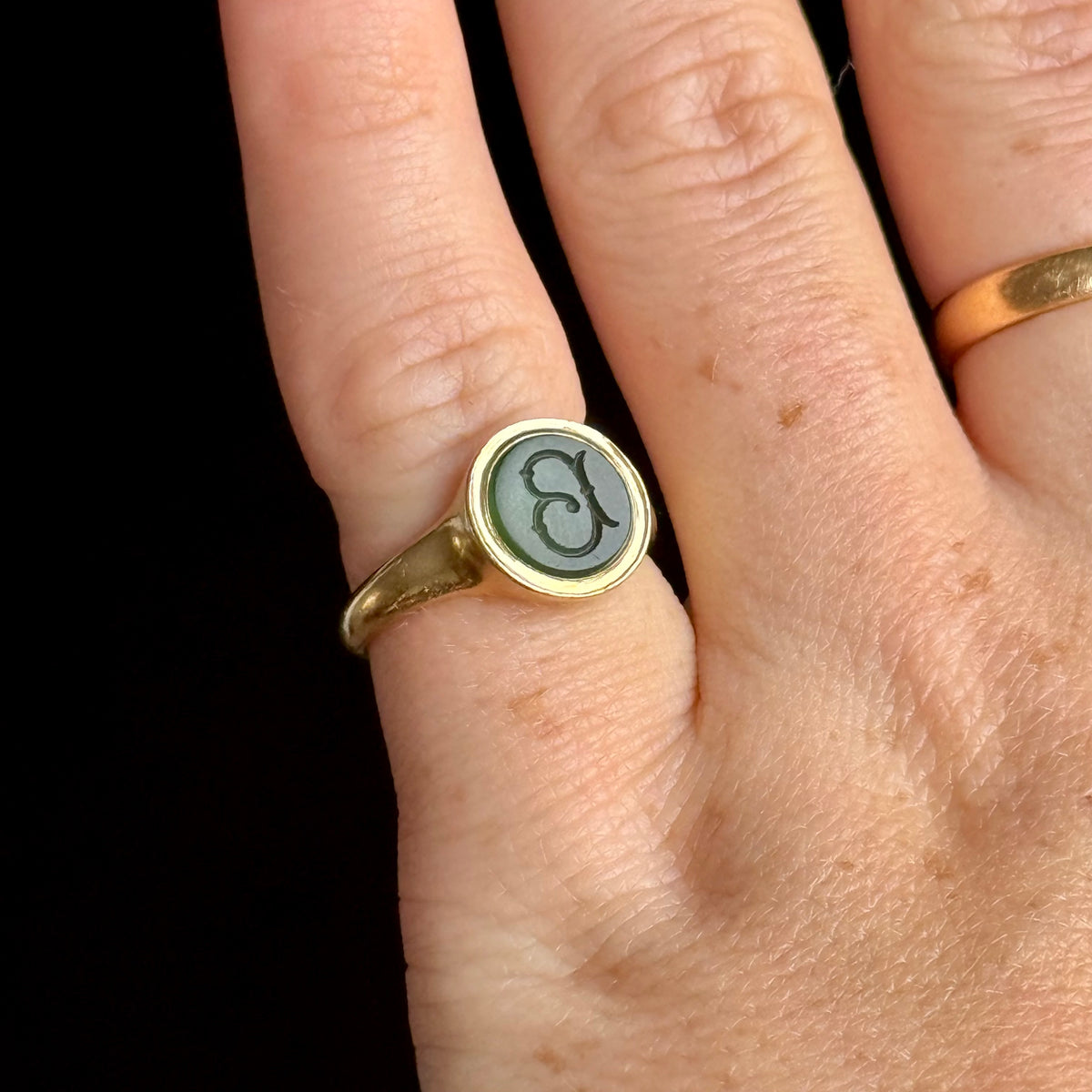 Antique Chalcedony 'B' Intaglio Ring in 18 Carat Gold; Circa 1880