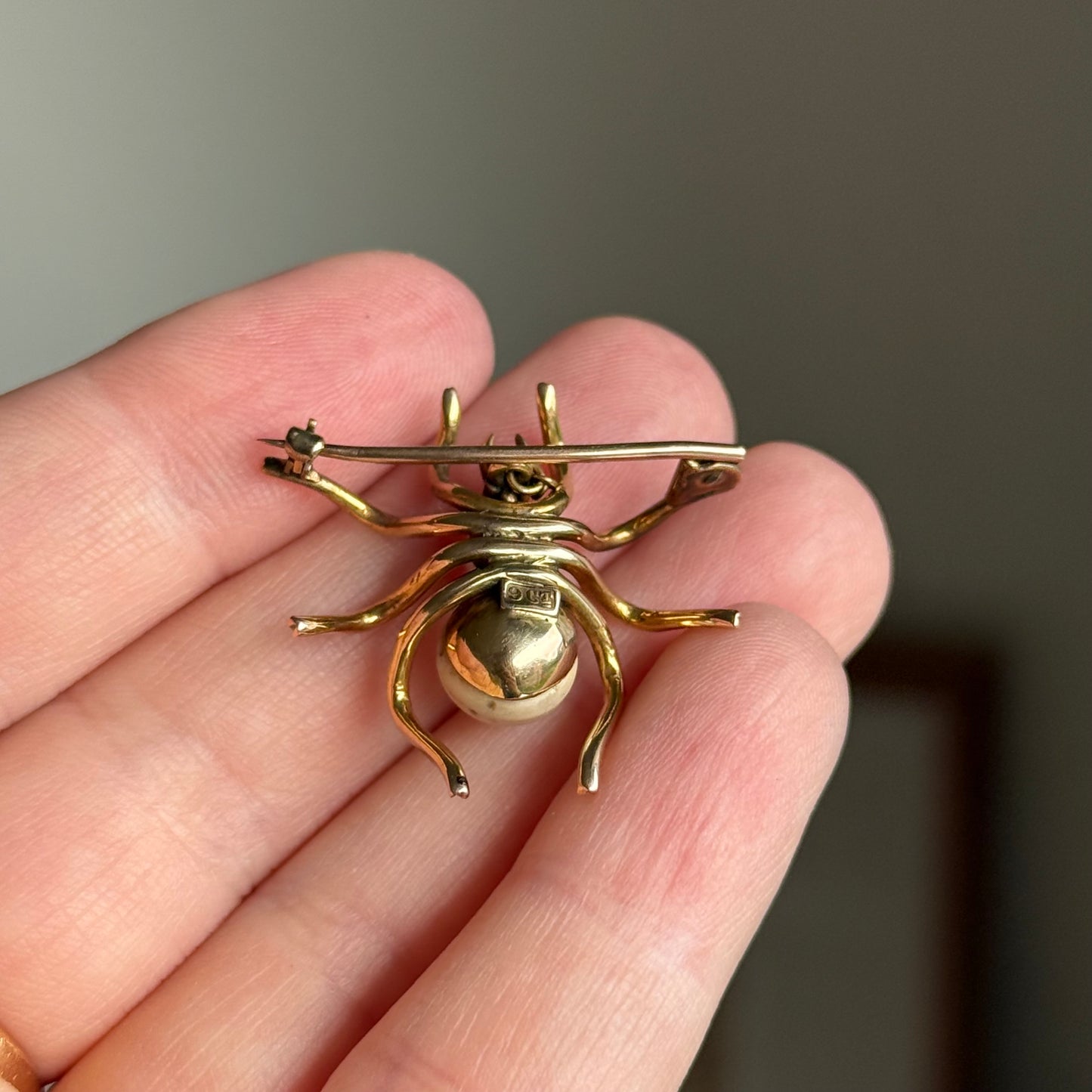 Victorian Pearl Spider Brooch in 9 Carat Gold; Circa 1890