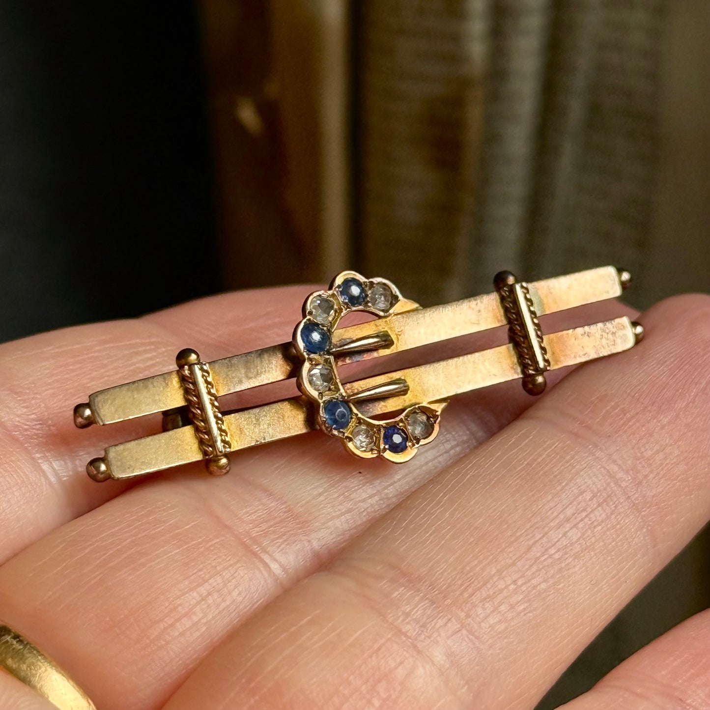 Antique Sapphire & Diamond Brooch in 9 Carat Gold; Circa 1901