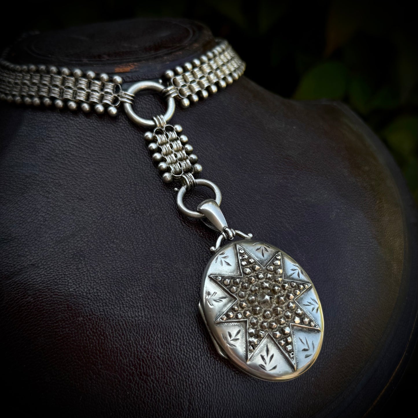 Antique Victorian Silver Locket Collar Necklace; Circa 1882