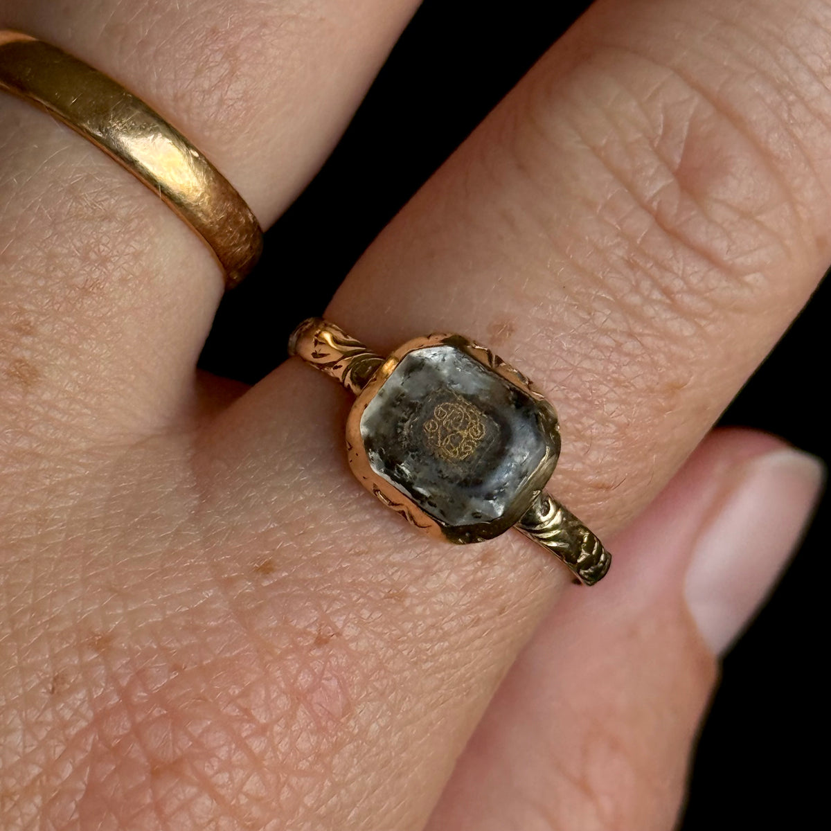 Antique Stuart Crystal & Enamel Ring in 18 Carat Gold; Circa 1690