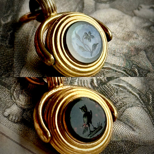 Georgian Owl & Forget me Not Intaglio Fob in 18 Carat Gold; Circa 1830
