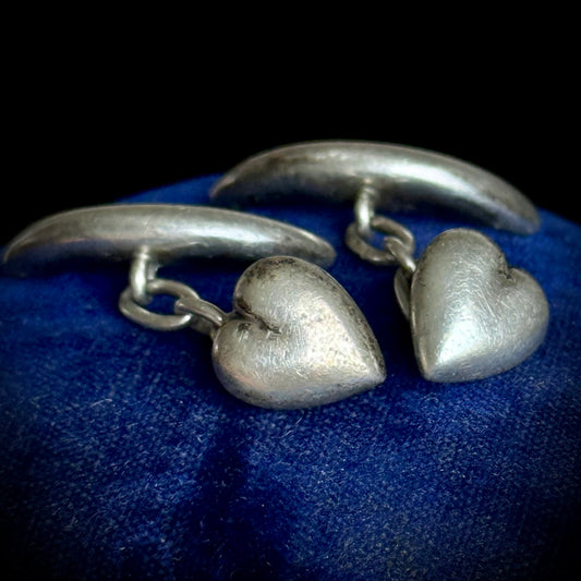 Antique Edwardian Heart & Moon Silver Cufflinks; circa 1904