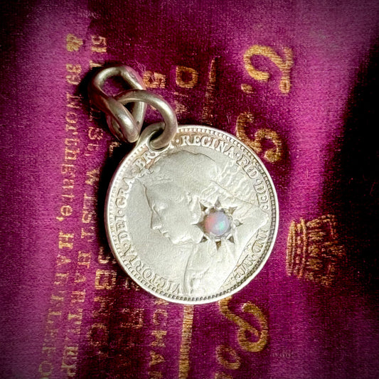 Antique Victorian Lucky Opal Coin Pendant; Circa 1880