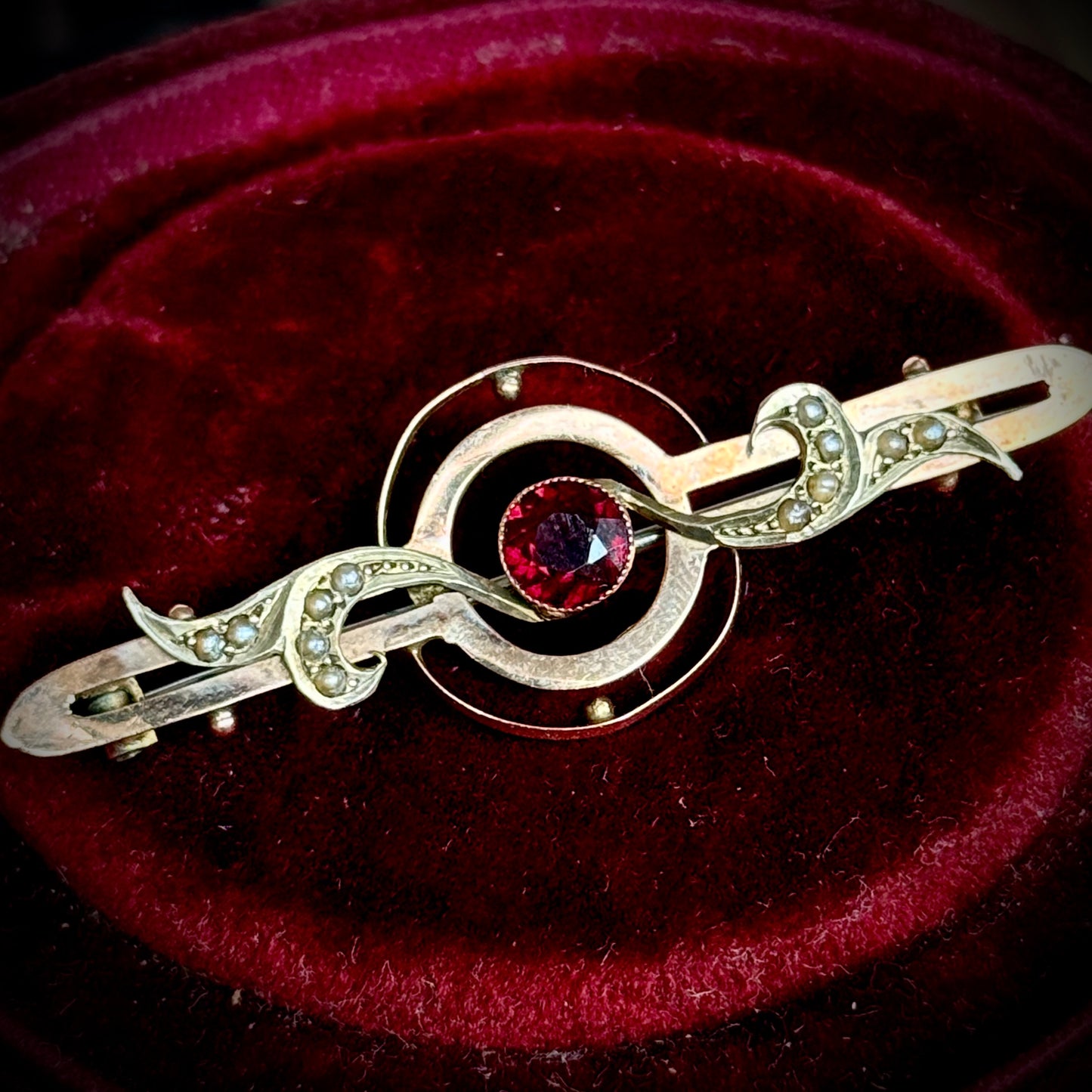 Antique Garnet & Pearl Brooch; Circa 1900