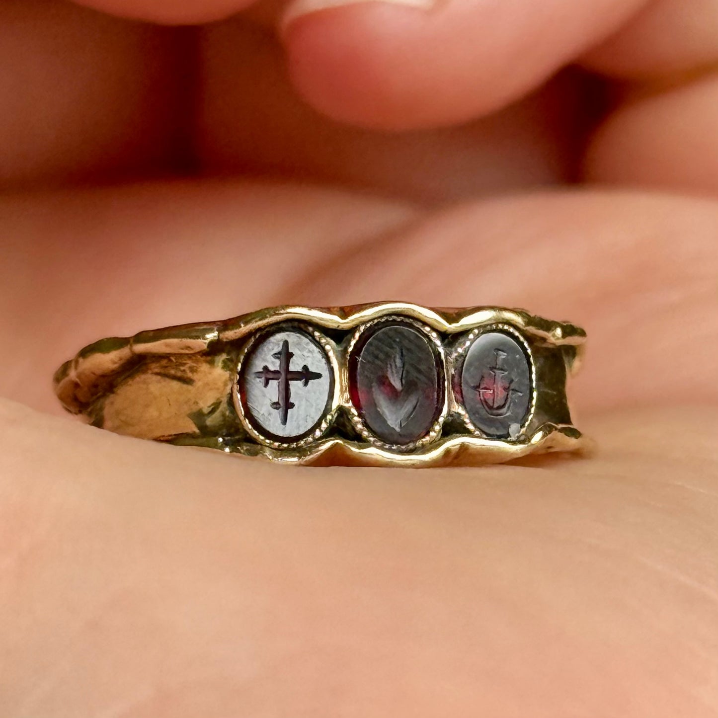 Vintage Garnet Faith, Hope and Charity Intaglio Ring