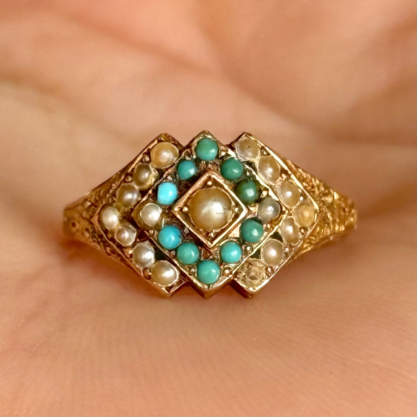 Antique Victorian Peal & Turquoise Ring in 15 Carat Gold; Circa 1870
