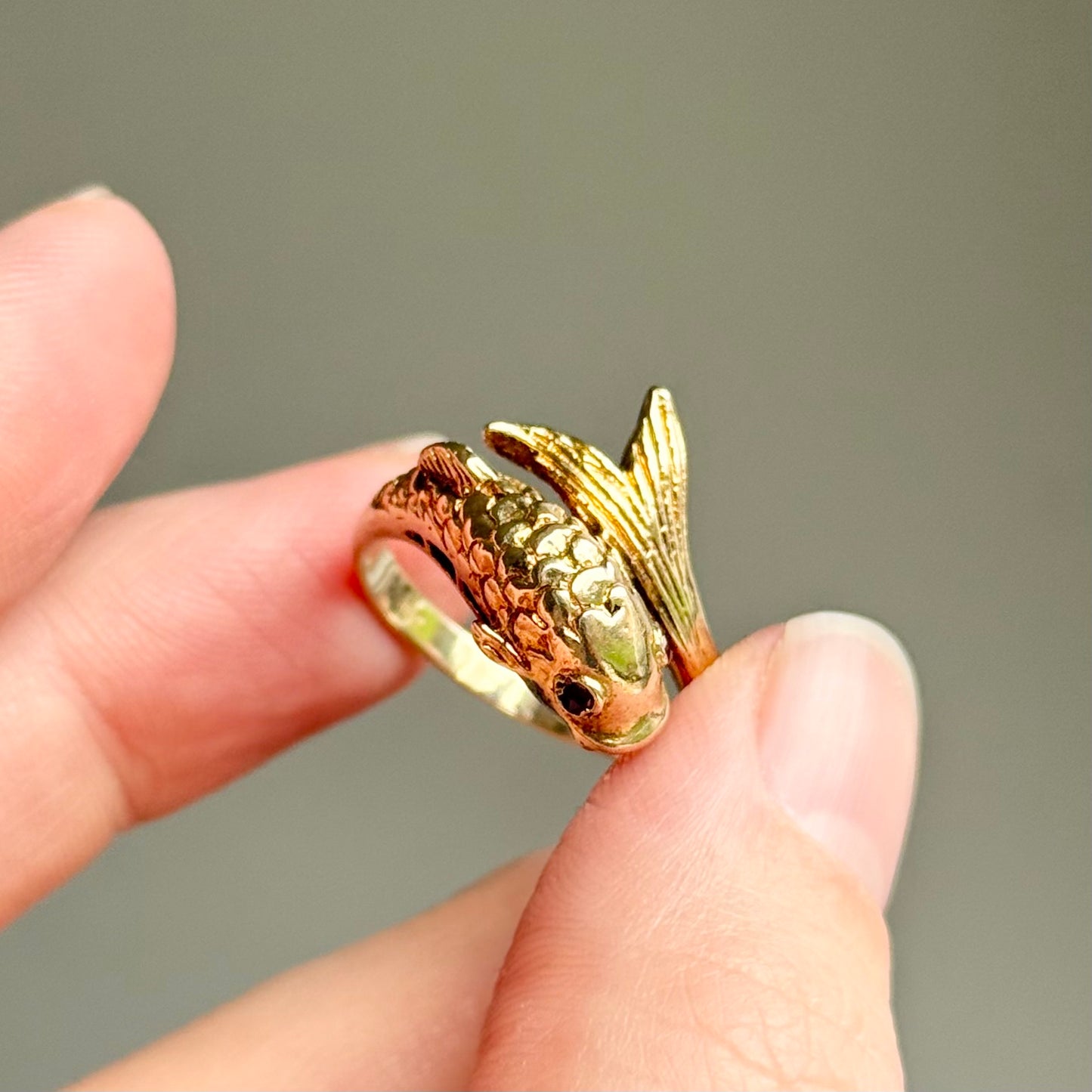 Vintage Symbolic Garnet Eye’d Koi Ring in 9 Carat Gold; Circa 1975