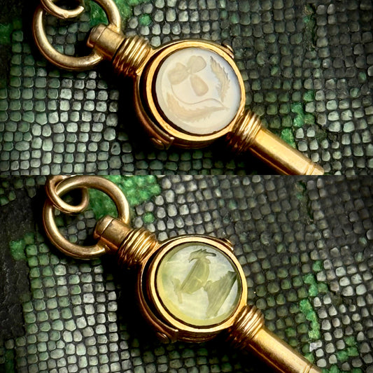 Antique Sentimental Swivel Intaglio Fob in 9 Carat Gold; Circa 1860