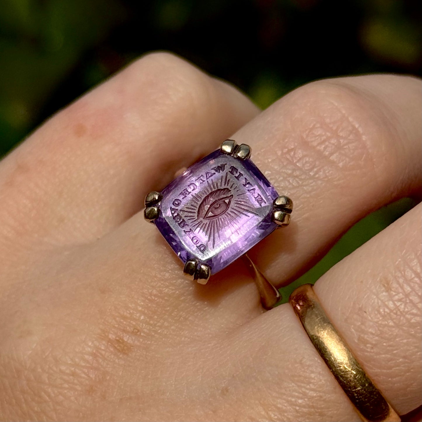 Vintage Amethyst Intaglio “May It Watch Over You” Ring in 9 Carat Gold