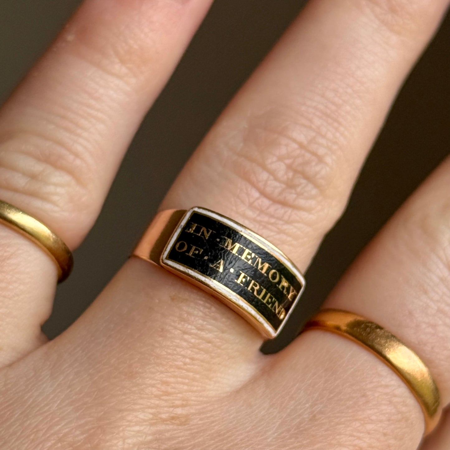 Antique Victorian 'In Memory of a Friend' Mourning Ring in 9 Carat Gold; Circa 1860