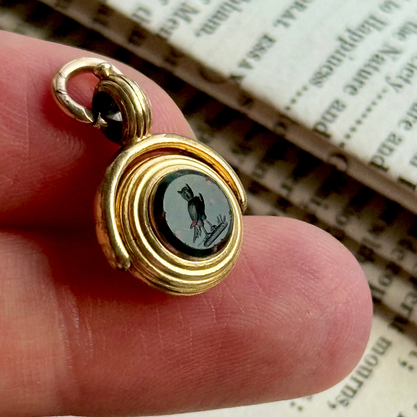 Georgian Owl & Forget me Not Intaglio Fob in 18 Carat Gold; Circa 1830