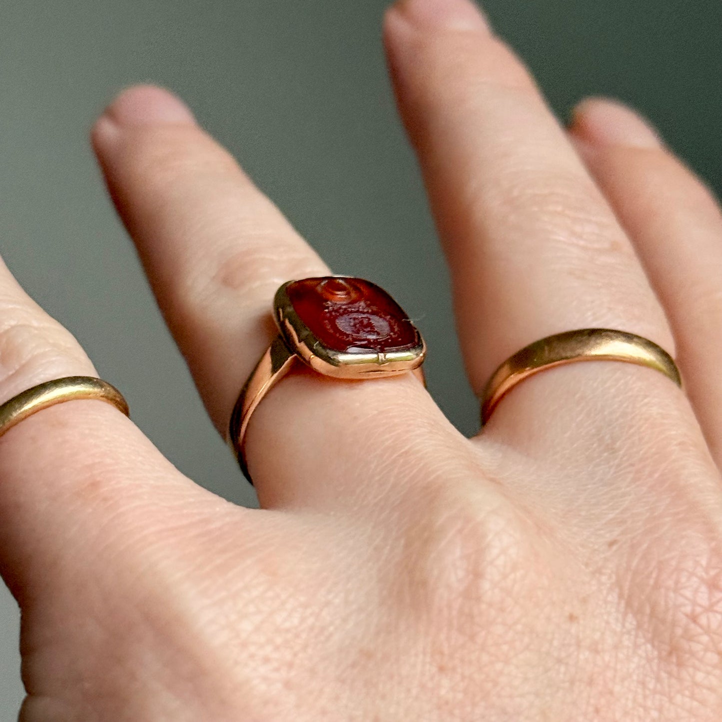 Early Victorian Intaglio 'K' Ring in 9 Carat Gold; Circa 1880