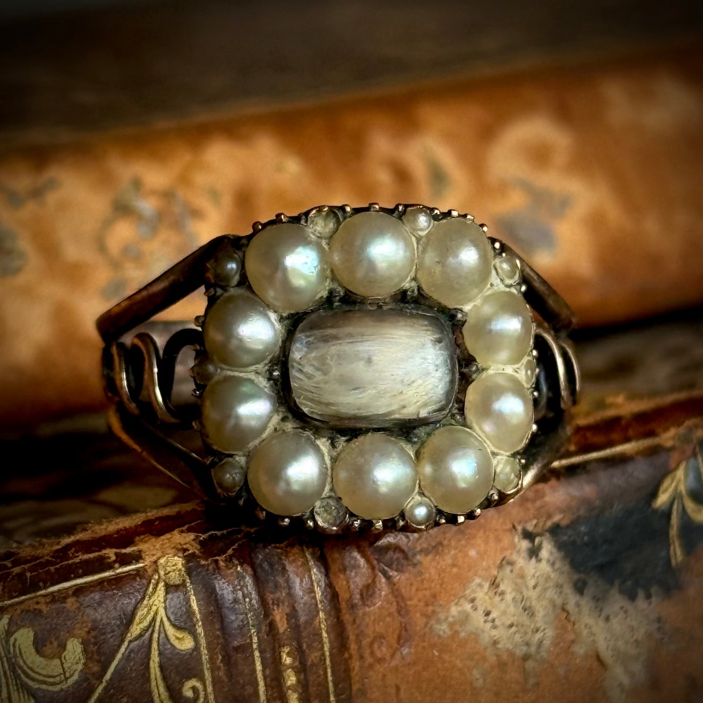 Georgian Pearl Mourning Ring in 9 Carat Gold; Circa 1812