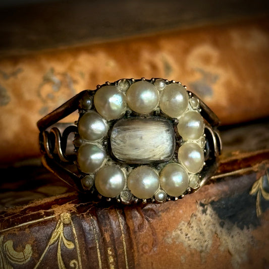 Georgian Pearl Mourning Ring in 9 Carat Gold; Circa 1812