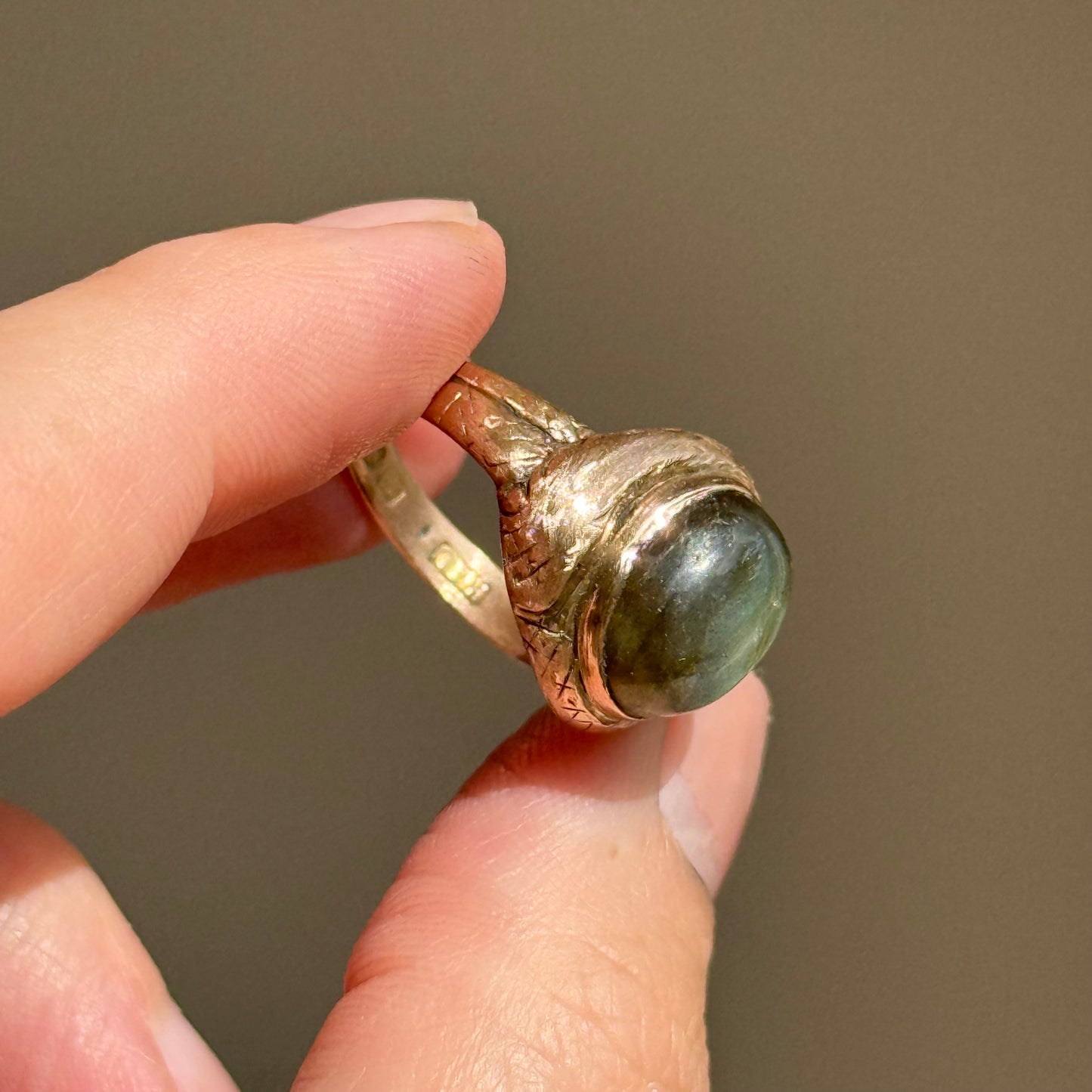 Victorian Laborite Snake Ring in 15 Carat Rose Gold; Circa 1876