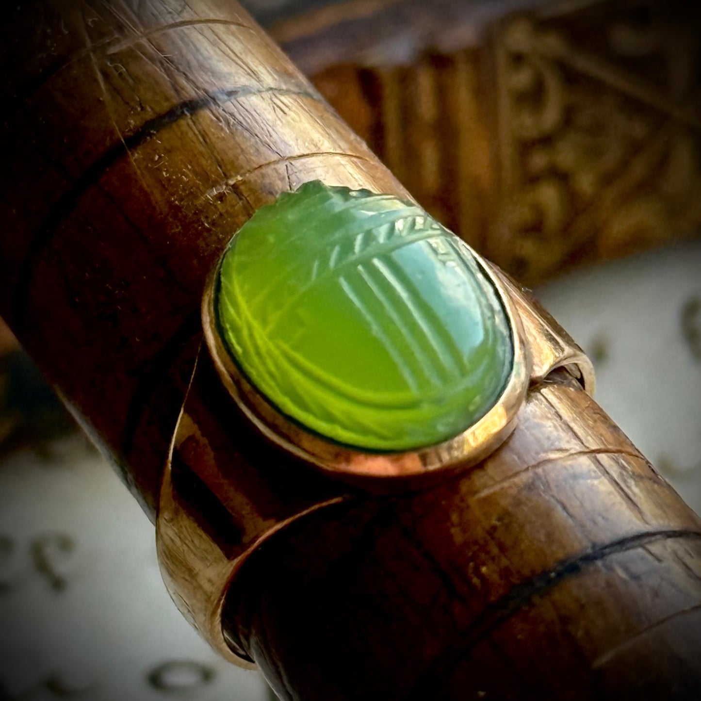 Antique Green Agate Scarab Ring in 9 Carat Gold