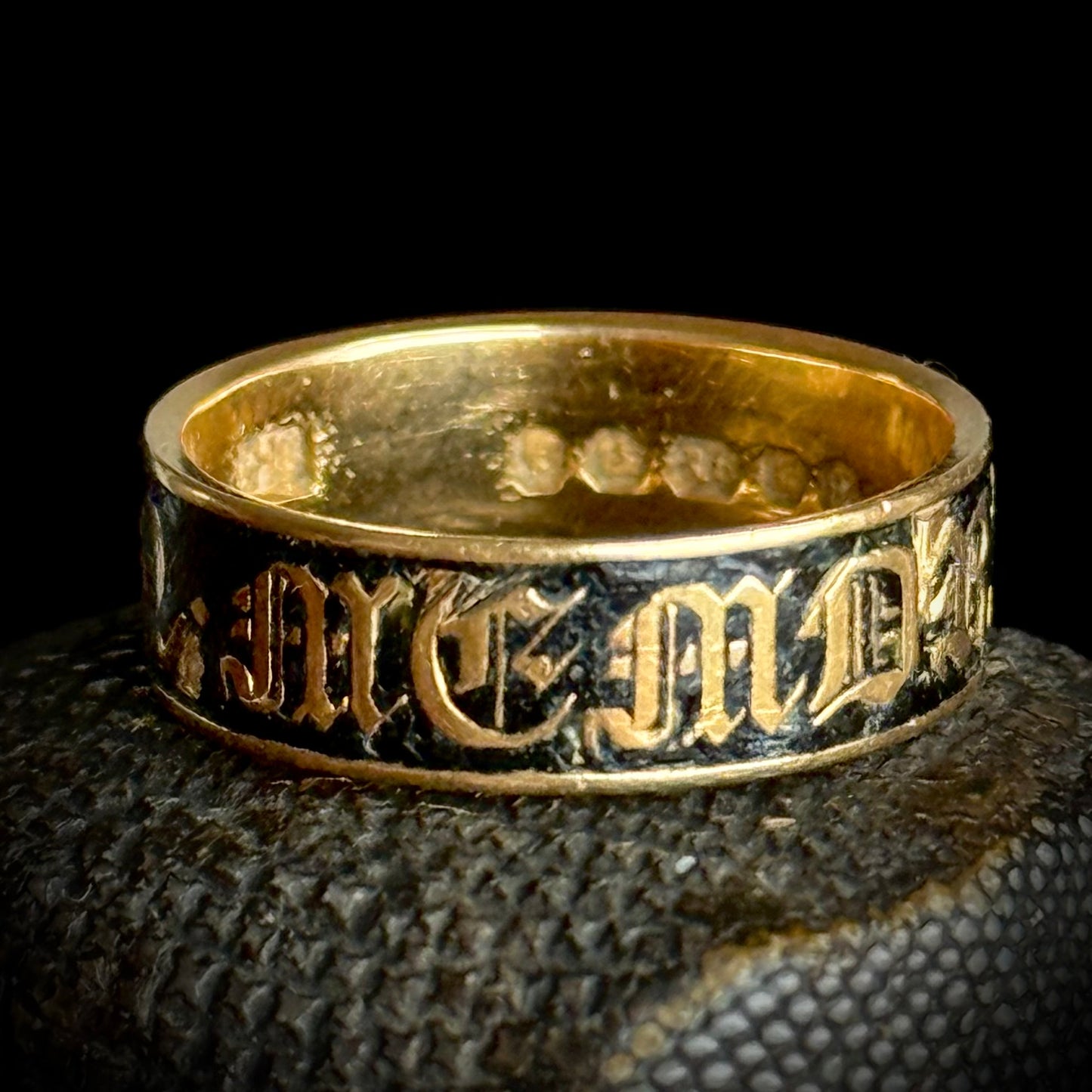Antique Victorian Enamel Mourning Ring in 18 Carat Gold; Circa 1877