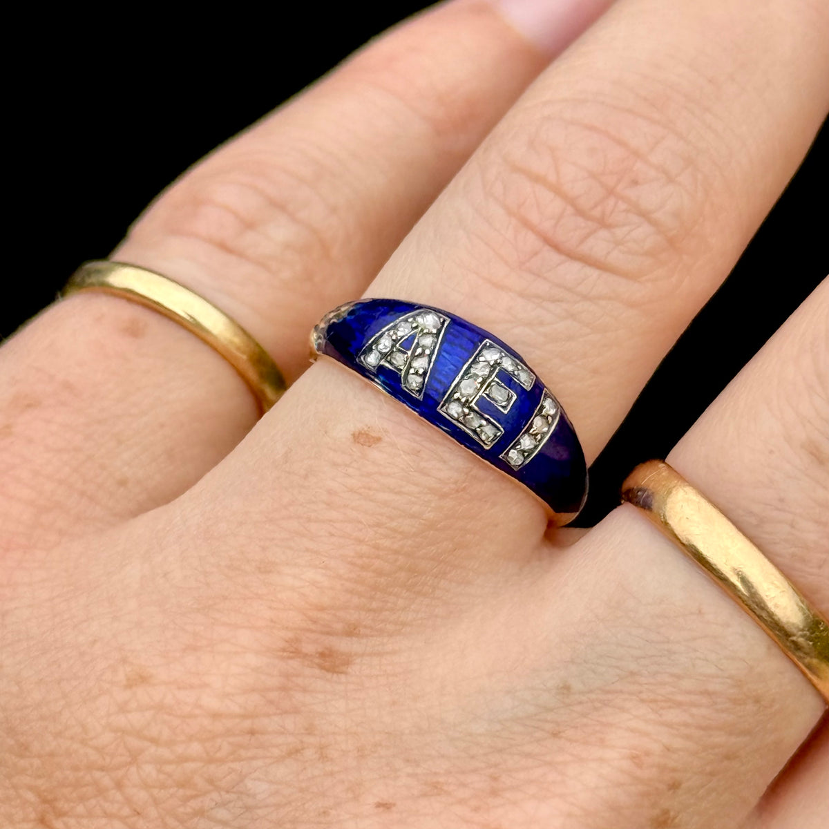 Antique Victorian Sentimental 'AEI' Ring in 18 Carat Gold; circa 1860