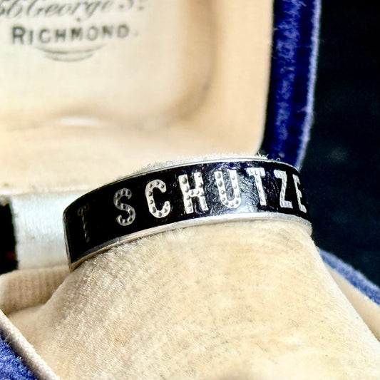 Victorian 'Gott Schütze Dich' Enamel Ring In Silver; Circa 1880