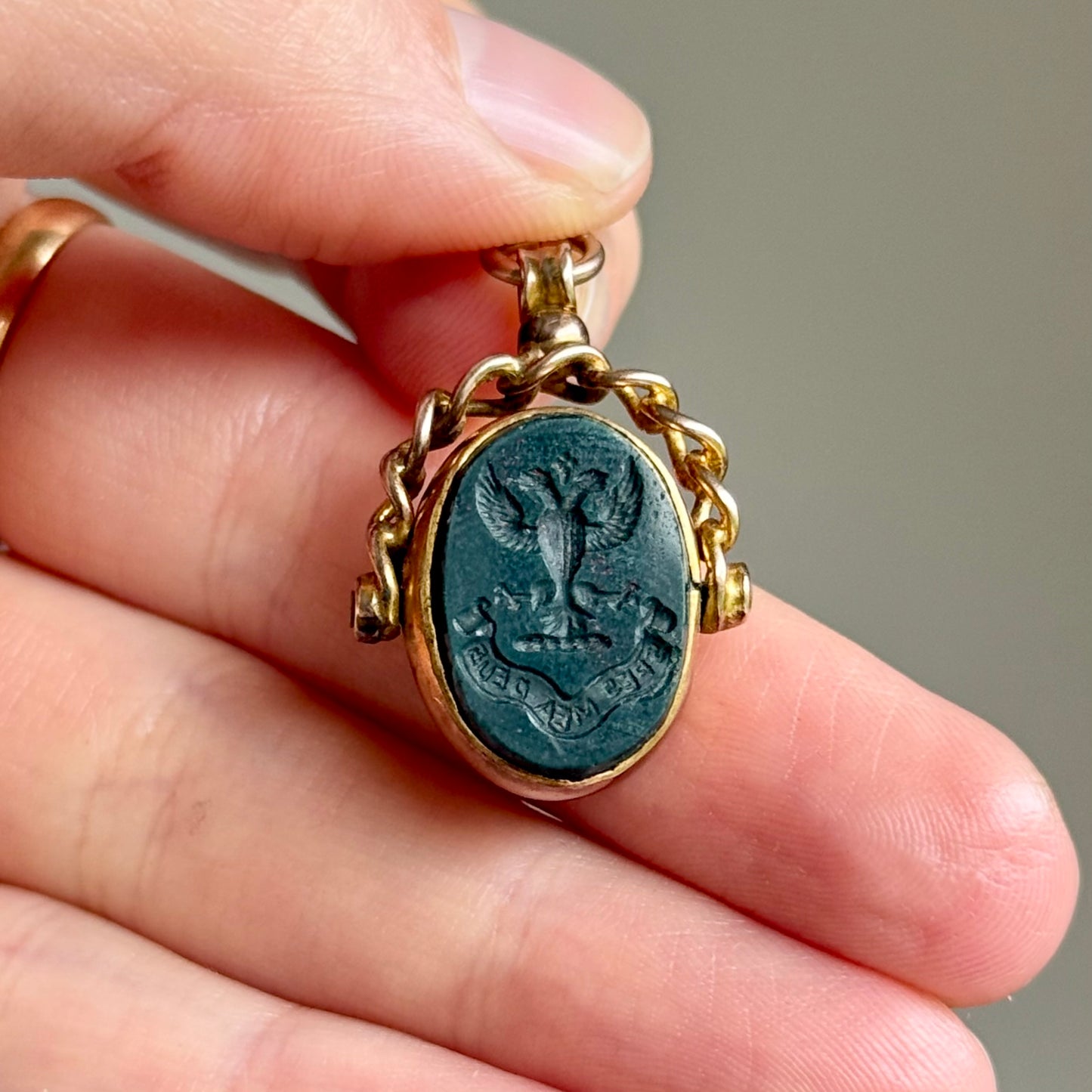 Antique Bloodstone Intaglio Fob in 9 Carat Gold; Circa 1900