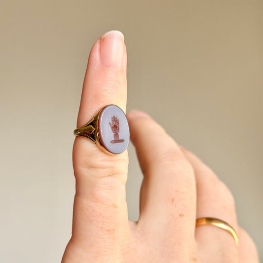 Tiny Sardonyx Hand Intaglio Ring in 9 Carat Gold; Circa 1980