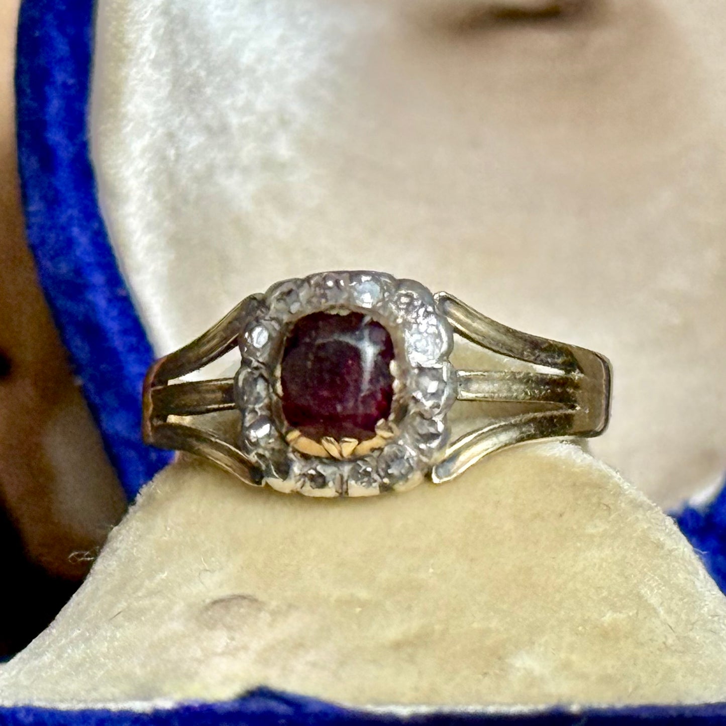 Antique Georgian Garnet & Diamond Ring in 15 Carat Gold; Circa 1830